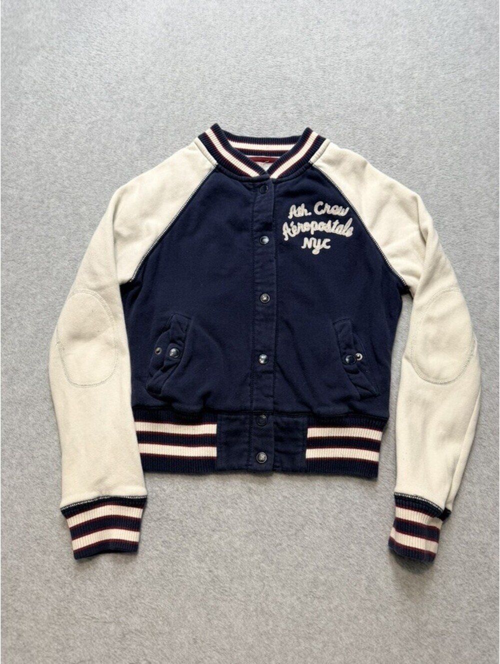 Aeropostale Womens Varsity Jacket Small Navy Cream Colorblock Embroidered Snap